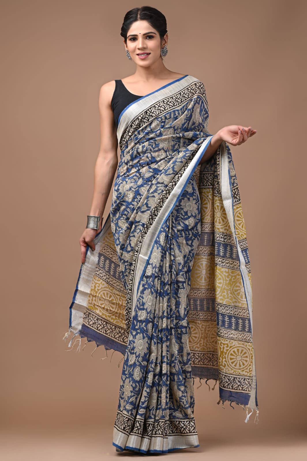 Linen Cotton Bagru Hand Block Saree With Blouse Piece