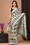 Linen Cotton Bagru Hand Block Saree With Blouse Piece