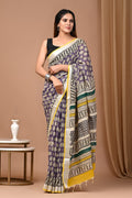 Linen Cotton Bagru Hand Block Saree With Blouse Piece