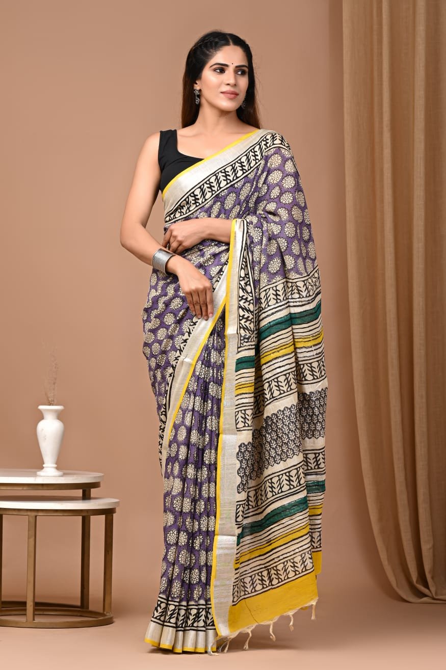 Linen Cotton Bagru Hand Block Saree With Blouse Piece