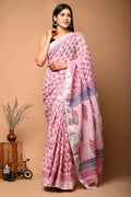 Linen Cotton Bagru Hand Block Saree With Blouse Piece
