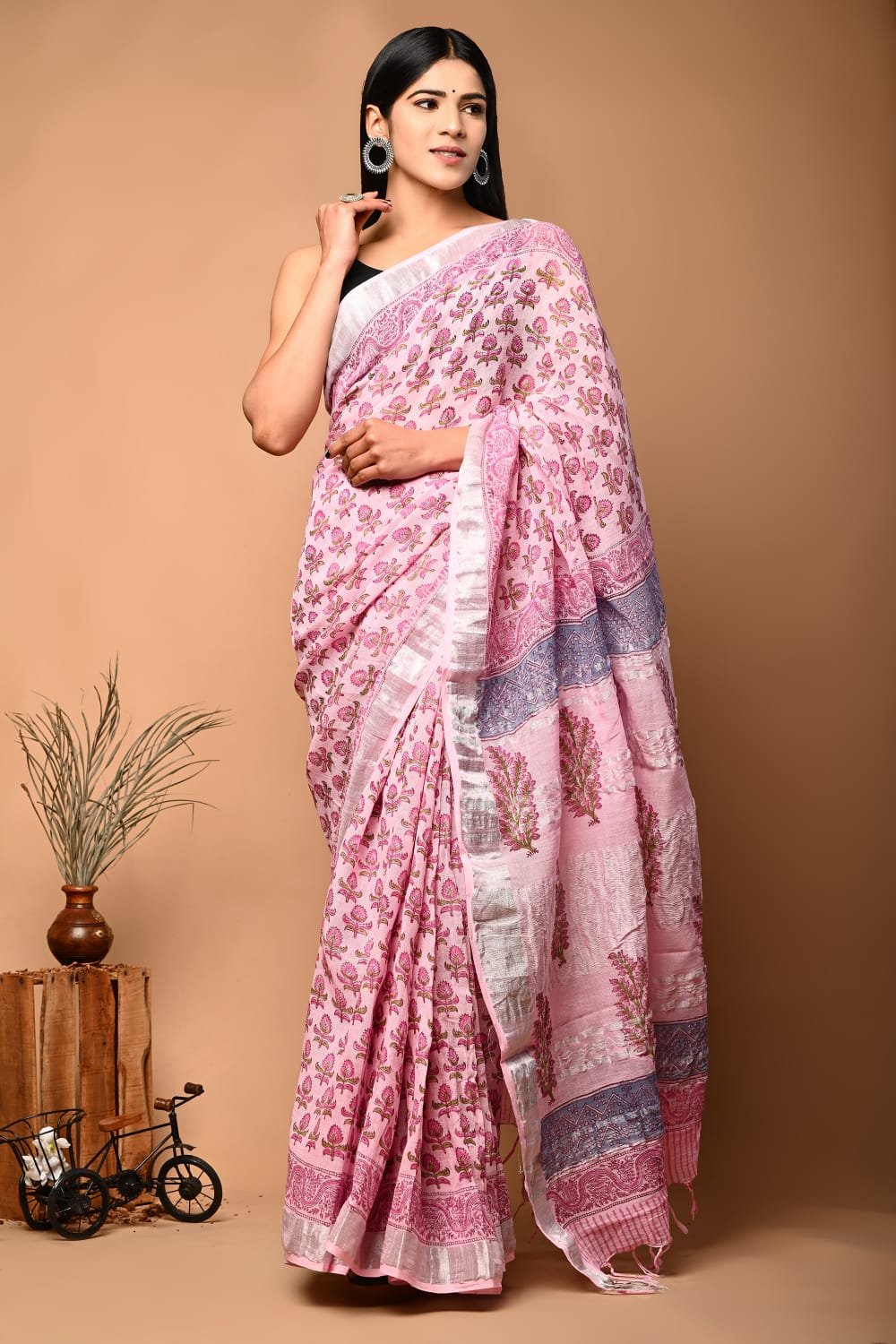 Linen Cotton Bagru Hand Block Saree With Blouse Piece