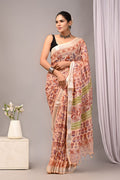 Linen Cotton Bagru Hand Block Saree With Blouse Piece