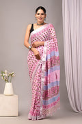 Linen Cotton Bagru Hand Block Saree With Blouse Piece