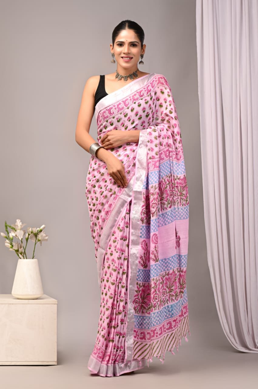 Linen Cotton Bagru Hand Block Saree With Blouse Piece