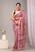 Linen Cotton Bagru Hand Block Saree With Blouse Piece