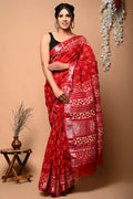 Linen Cotton Bagru Hand Block Saree With Blouse Piece