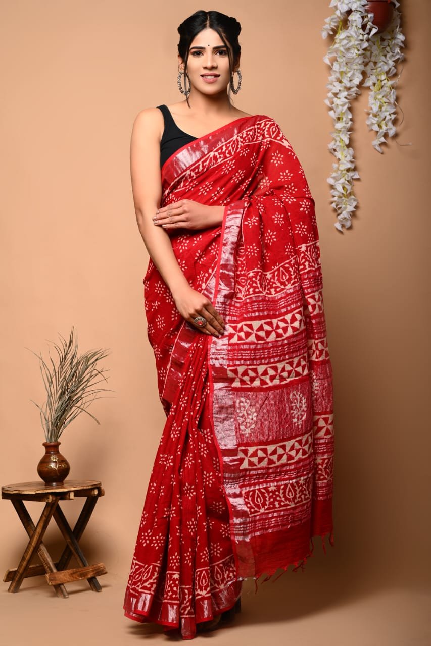 Linen Cotton Bagru Hand Block Saree With Blouse Piece