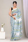 Linen Cotton Bagru Hand Block Saree With Blouse Piece