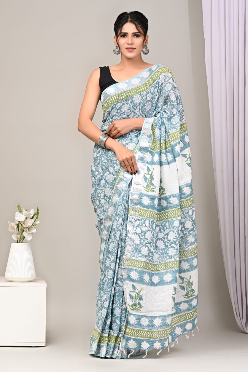 Linen Cotton Bagru Hand Block Saree With Blouse Piece