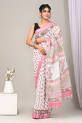 Linen Cotton Bagru Hand Block Saree With Blouse Piece