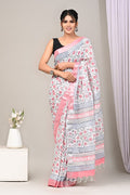 Pink & Grey Floral Buti Bagru Hand Block Print Linen Cotton Saree With Blouse Piece