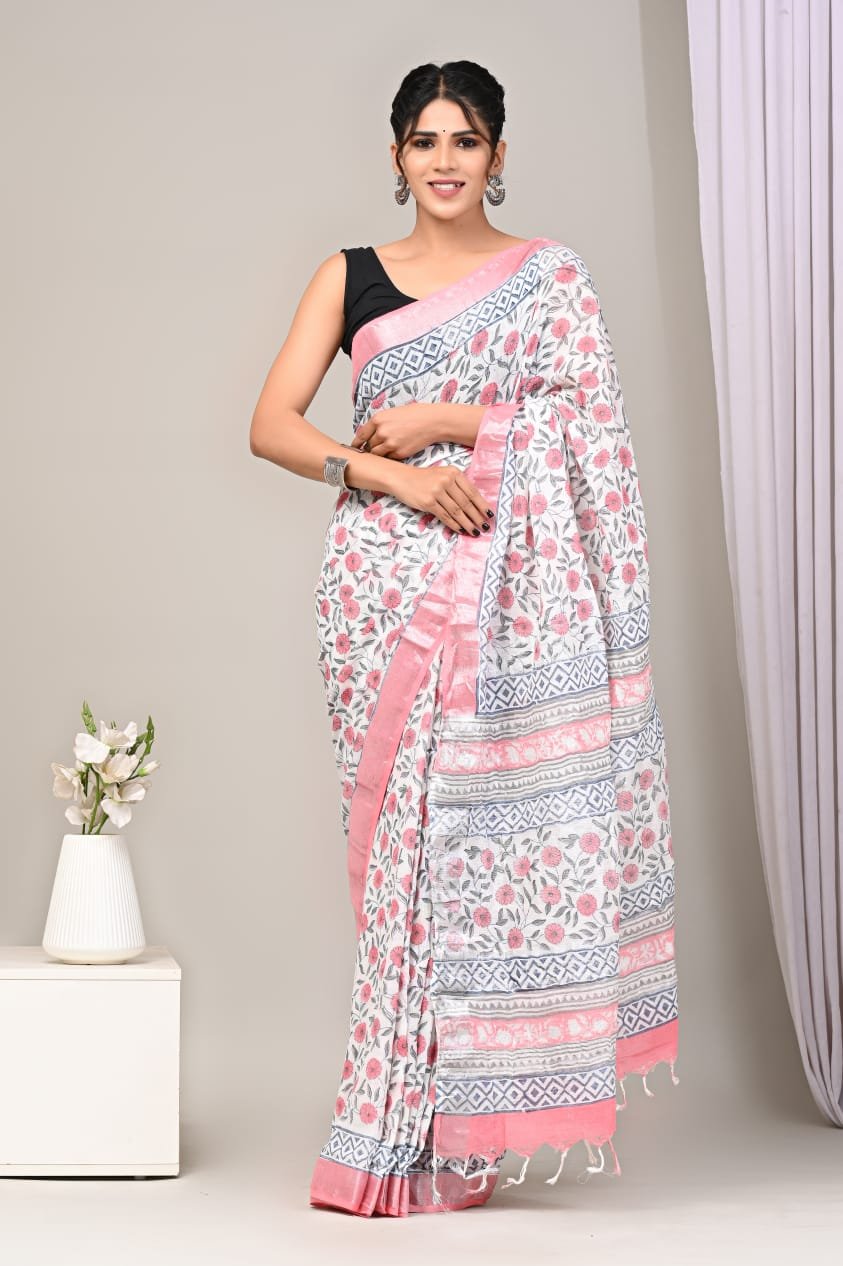 Linen Cotton Bagru Hand Block Saree With Blouse Piece