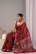 Linen Cotton Bagru Hand Block Saree With Blouse Piece