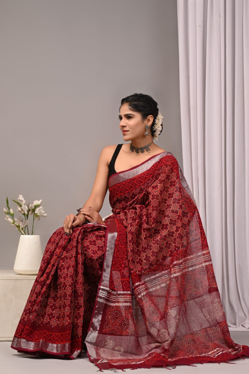 Linen Cotton Bagru Hand Block Saree With Blouse Piece