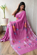 Linen Cotton Bagru Hand Block Saree With Blouse Piece