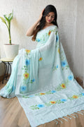 Linen Cotton Bagru Hand Block Saree With Blouse Piece