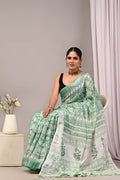 Linen Cotton Bagru Hand Block Saree With Blouse Piece