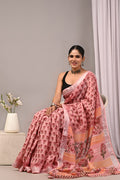 Linen Cotton Bagru Hand Block Saree With Blouse Piece