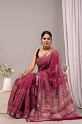 Linen Cotton Bagru Hand Block Saree With Blouse Piece