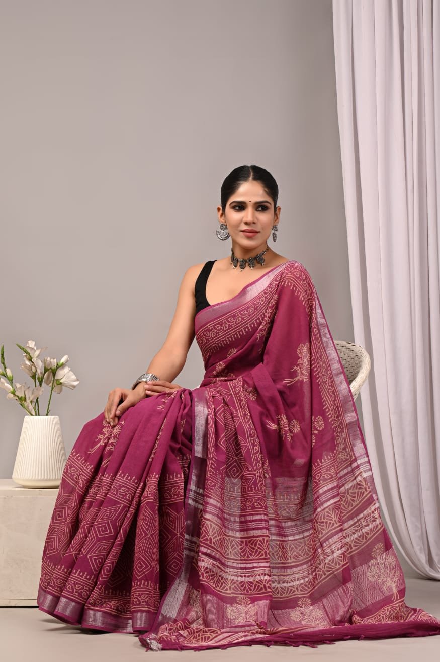 Linen Cotton Bagru Hand Block Saree With Blouse Piece