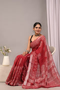 Linen Cotton Bagru Hand Block Saree With Blouse Piece