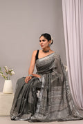 Linen Cotton Bagru Hand Block Saree With Blouse Piece