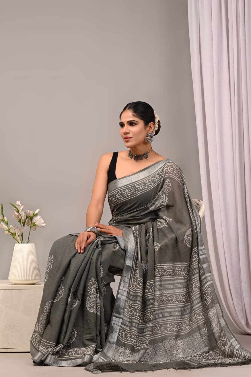 Linen Cotton Bagru Hand Block Saree With Blouse Piece