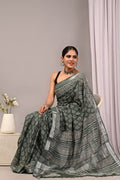 Linen Cotton Bagru Hand Block Saree With Blouse Piece