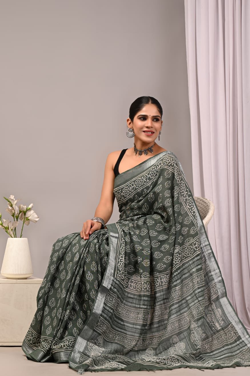 Linen Cotton Bagru Hand Block Saree With Blouse Piece