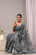Linen Cotton Bagru Hand Block Saree With Blouse Piece