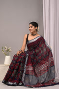 Linen Cotton Bagru Hand Block Saree With Blouse Piece