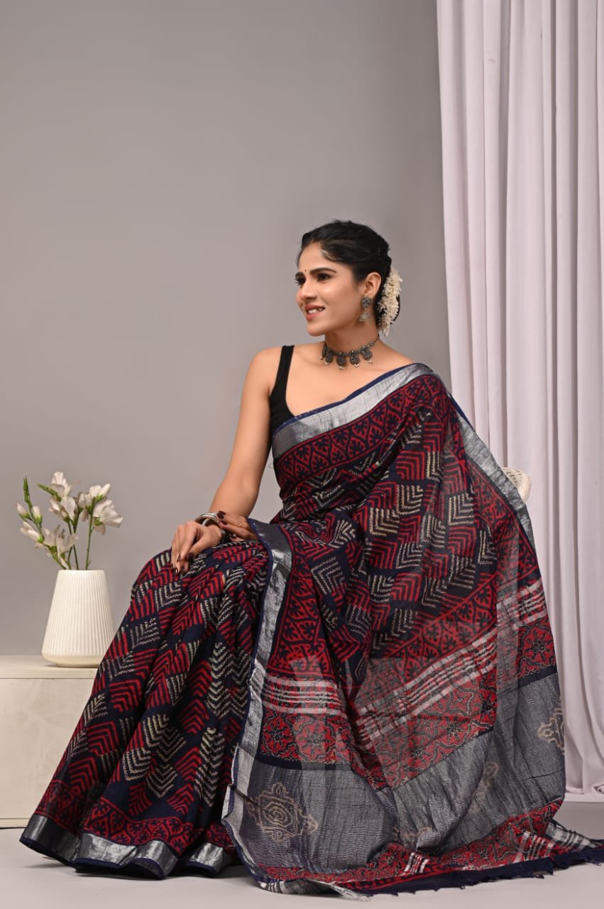 Linen Cotton Bagru Hand Block Saree With Blouse Piece