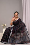 Linen Cotton Bagru Hand Block Saree With Blouse Piece