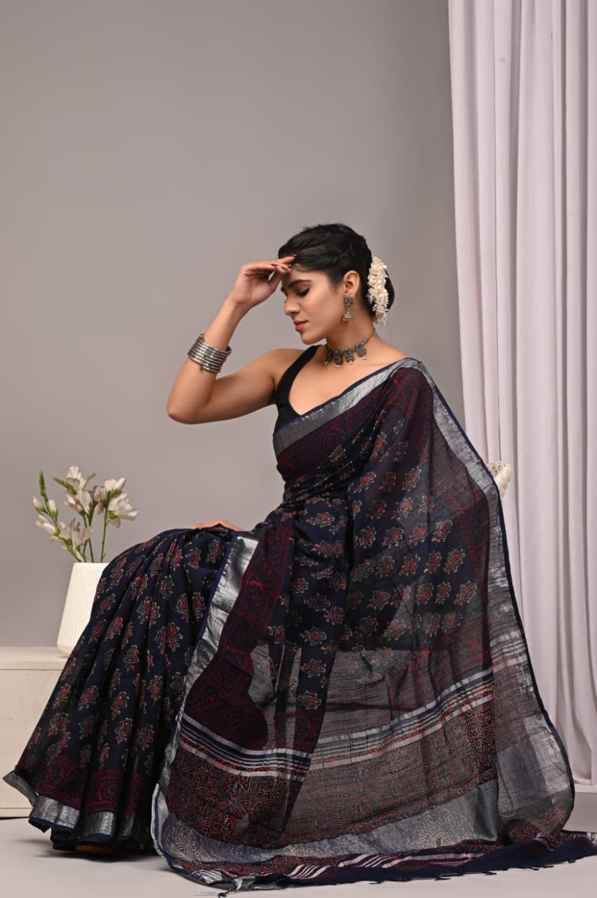 Linen Cotton Bagru Hand Block Saree With Blouse Piece