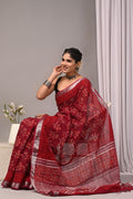 Linen Cotton Bagru Hand Block Saree With Blouse Piece