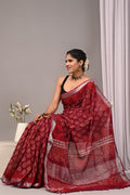 Linen Cotton Bagru Hand Block Saree With Blouse Piece