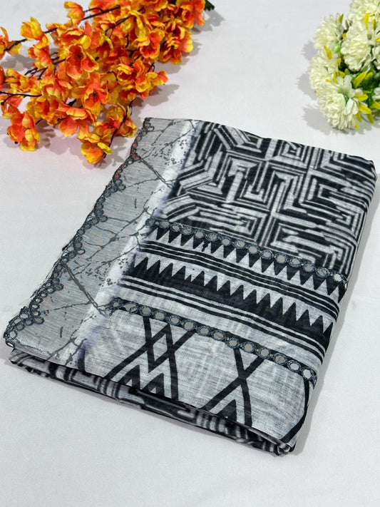 Linen Cotton Plastic Mirror Work Saree - BFSLA19