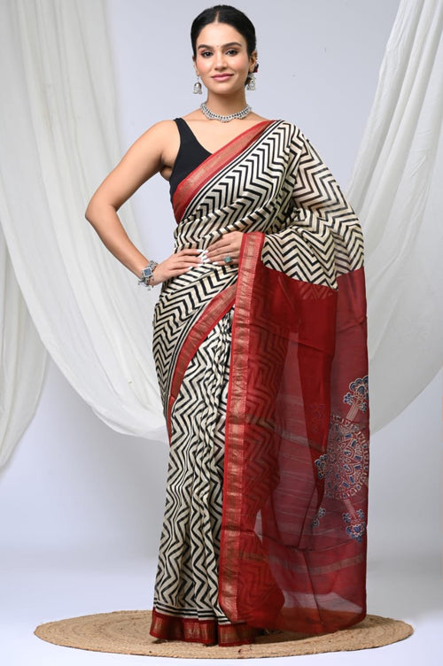 Beige & Black Geometric Chevron Maheshwari Silk Hand Block Printed Saree With Blouse Piece