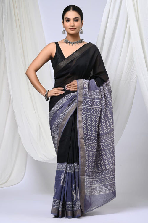 Black & Indigo Blue Geometric Chevron Maheshwari Silk Hand Block Printed Saree With Blouse Piece