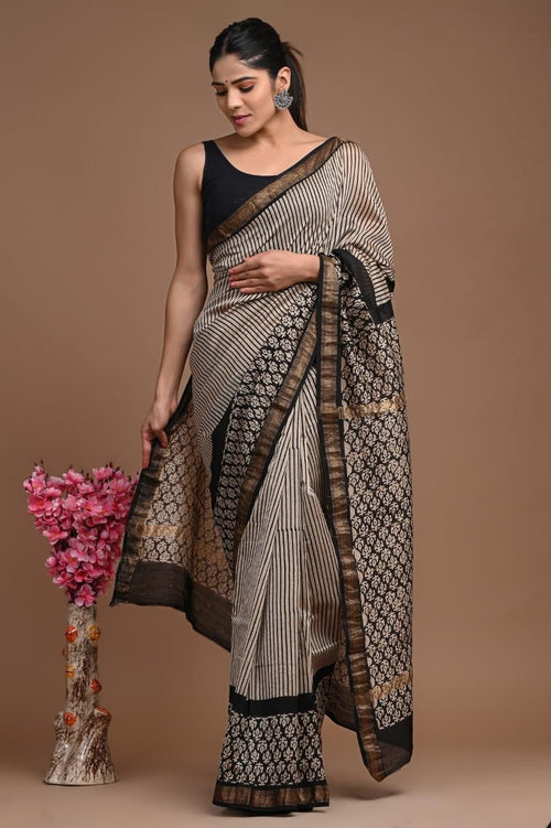 Black & Beige Striped Buti Print Bagru Hand Block Printed Maheshwari Silk Saree With Blouse Piece
