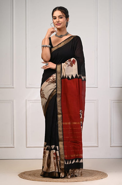 Black & Maroon Floral Motif Bagru Hand Block Printed Maheshwari Silk Saree With Blouse Piece