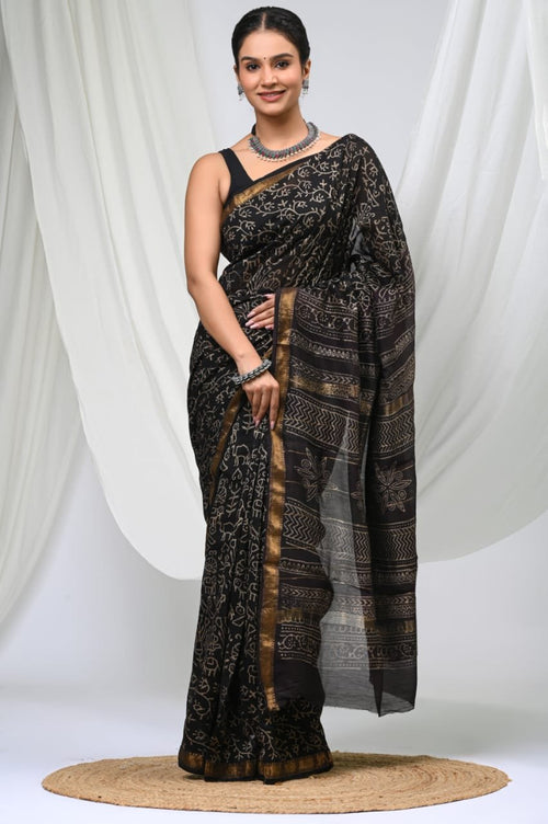 Black & Gold Floral Buti Bagru Hand Block Printed Maheshwari Silk Saree With Blouse Piece