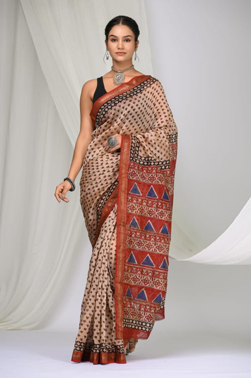 Beige & Maroon Geometric Buti Bagru Hand Block Printed Maheshwari Silk Saree With Blouse Piece