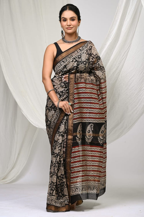 Black & Beige Floral Paisley Bagru Hand Block Printed Maheshwari Silk Saree With Blouse Piece