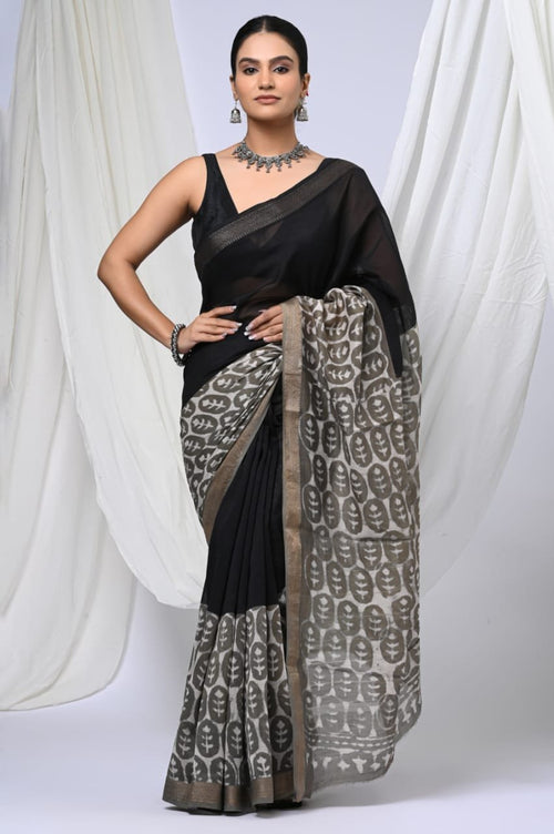 Black & Grey Leaf Motif Bagru Hand Block Printed Maheshwari Silk Saree With Blouse Piece