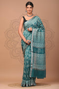 Teal Green & Off-White Floral Jaal Hand Block Printed Maheshwari Silk Saree With Blouse Piece