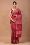 Maroon & Cream Buti Print Hand Block Printed Maheshwari Silk Saree With Blouse Piece