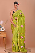 Olive Green & Pink Floral Motif Hand Block Printed Maheswari Silk Saree With Blouse Piece