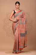 Rust Red & Cream Geometric Check Hand Block Printed Maheshwari Silk Saree With Blouse Piece